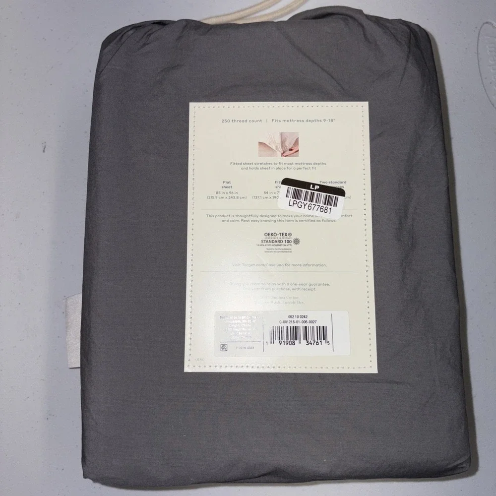 Casaluna Supima Percale Sheet Set Full Size Dark Gray 250 Thread Count